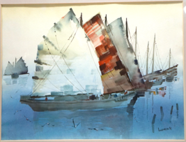 Lui Ming Original Watercolor Painting Chinese Junk in the Harbor and other boats - £314.60 GBP