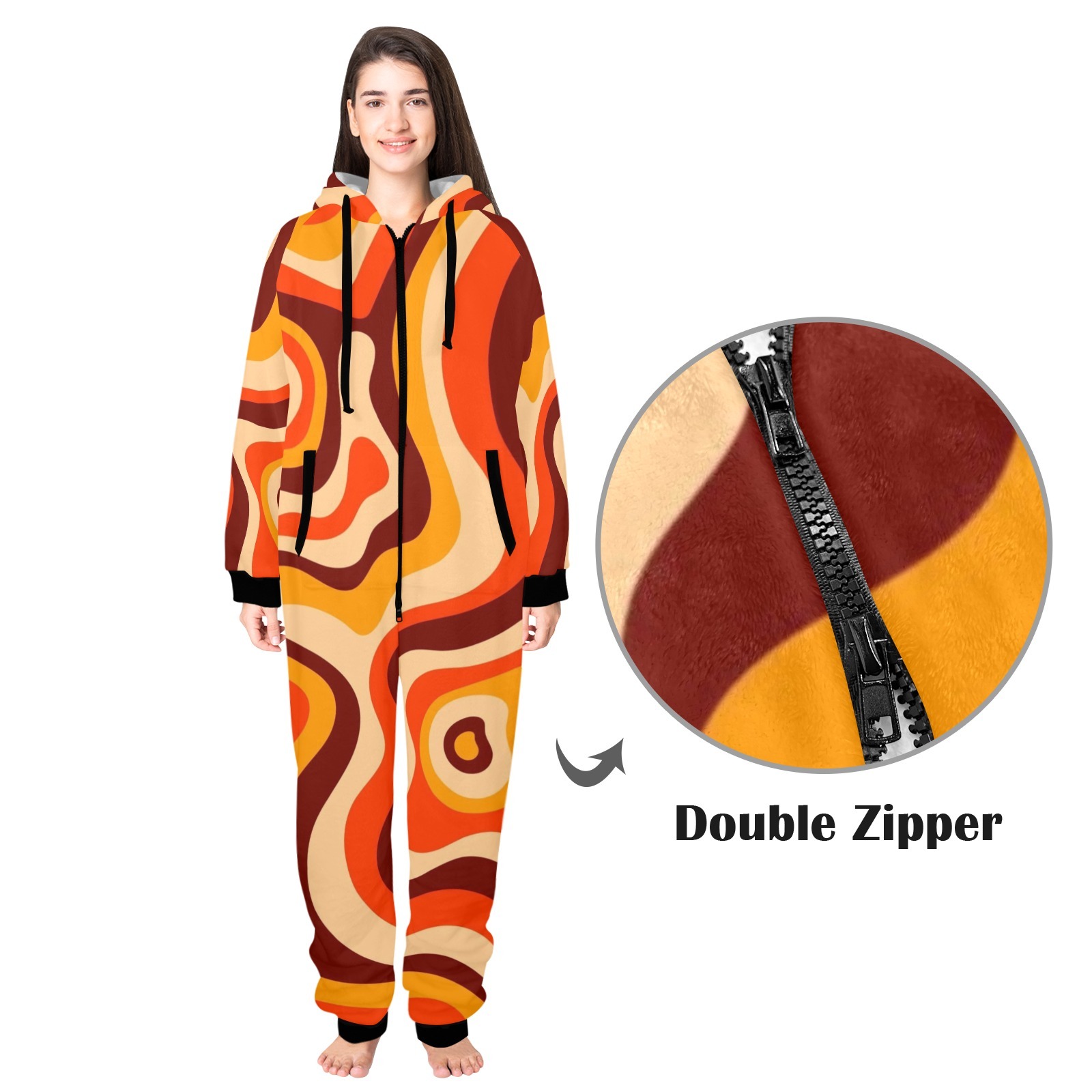 70s Orange Groovy Retro Vibes Flannel Hooded Onesie Pajamas For Adults