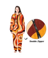 70s Orange Groovy Retro Vibes Flannel Hooded Onesie Pajamas For Adults - $81.70 CAD+