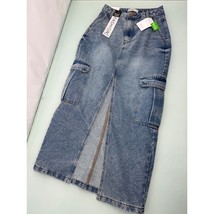 Love Fire Denim Skirt Y2K Front Slit Blue Maxi Cargo 90&#39;s look Size 1 24 X 33 - £23.44 GBP