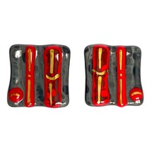 Abstract Geometric Fused Glass Gray Red Gold Black Lightweight Pierced Earrings - £27.32 GBP