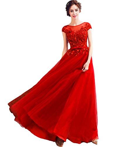 Tulle Bateau Beaded Lace Applique Floral Long Formal Evening Prom Dress Red US 2