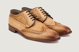 Men&#39;s Handmade Camel Oxford Brogue Shoe Formal Classic Wingtip Lace Up Shoes 201 - £112.46 GBP