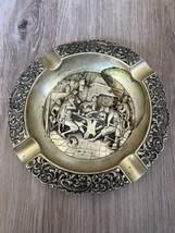 Vintage Round  Solid Brass ASHTRAY Medieval Bar Scene Very Detailed And Ornate - £41.16 GBP