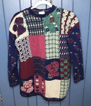 Vintage Patchwork Floral Back Sweater Small Cottagecore Grandmacore USA Made - £21.90 GBP