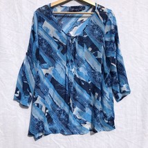 Susan Graver Size L Blue Print Semi Sheer Split Neck Shirt Top Polyester - £19.54 GBP