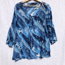 Susan Graver Size L Blue Print Semi Sheer Split Neck Shirt Top Polyester - £19.73 GBP