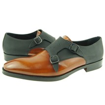Handmade Two Tone Gray Brown Double Buckle Strap Monk Leather Formal Dress Shoes - £119.89 GBP+