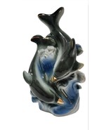 Dolphin Ceramic Figurine 2 Swimming Dolphins on a Wave Gold mouth beak 8... - £12.53 GBP