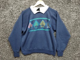 Vintage Whim Z Sweater Women Large Blue Collared Made In USA Trees 90s - $287.27 MXN