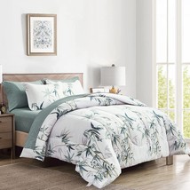 Botanical Bed In A Bag 7 Piece Queen Size, Green Leaves On White, Soft Microfibe - £66.05 GBP
