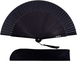 Amajiji 8.27&quot;(21Cm) Hand Held Bamboo Silk Folding Fan Hand, Black - £28.46 GBP