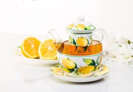Lemon Tea for One Teapot 5 Piece Set Tree 12 oz Bone China Glass Yellow White image 4