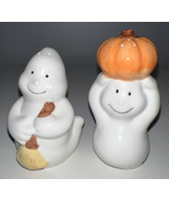 Halloween Ghost Salt &amp; Pepper Shakers Broom Pumpkin 4-1/2 Tall - £10.71 GBP