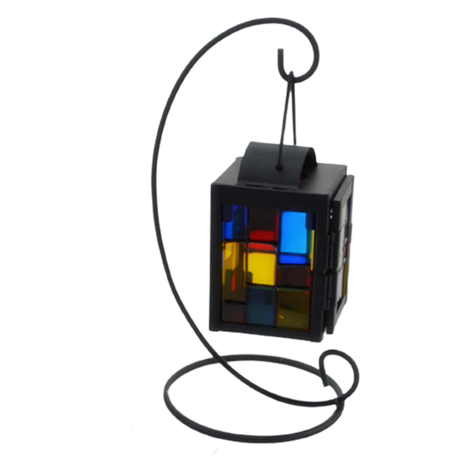 Wrought  Candlestick  Vintage Hanging Lantern Lamp with Hook Stand &amp; Colorful Gl - £140.83 GBP