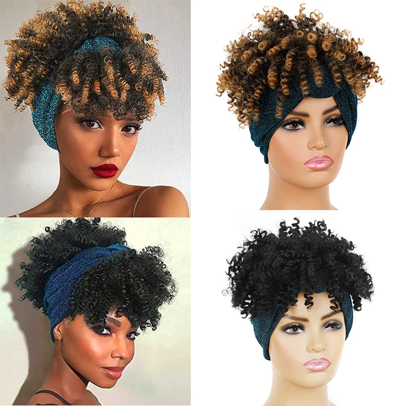 F headband wigs short afro kinky curl headband wig heat resistent turban wrap headbands thumb200