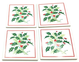 Saltera Christmas Tile Coasters Set of 4 Mistletoe Holly Vintage Taiwan - £7.78 GBP