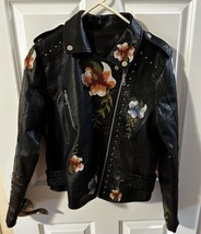 Jacket Faux Leather Women&#39;s Bollrllrr Street Cycle Embroidered Floral Print - £42.51 GBP