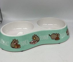 PUSHEEN Cat Food Pet Dish Double Feeder Bowl Teal Colored - $224.76 MXN