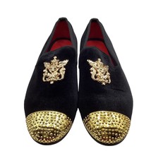 JITAI Black Velvet Shoes Men&#39;s 11 Slip-On Red Velvet Lined Penny Loafer Luxury - £32.93 GBP