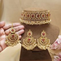 South Indian Red And Golden Choker Set Handmade Jewelry Set Women Necklace Gift - £26.88 GBP