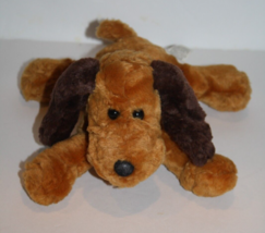 Chosun Dog Tan Brown Ears Plush Soft Toy 8&quot; Plaid Bow Bean Bag Puppy Lying Tummy - £32.72 GBP