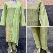 Pakistani Pista Green Organza Straight Shirt  Suit, Fancy Threadwork and... - $113.85