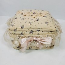 Vintage 1990s Quilted Lacy Trinket Storage Box Pale Yellow Lavender 6x6x3&quot; - £13.77 GBP