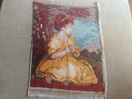 Vintage tapestry, retro wall decor needlepoint tapestry, Sitting girl ha... - $60.00