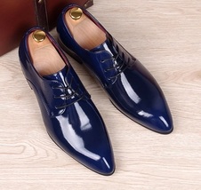 Patent Genuine Leather Shiny Blue Derby Toe Wedding Party Wear Handmade Shoes - £118.63 GBP