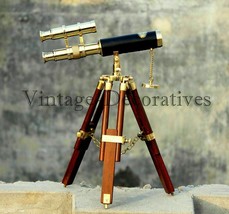 Brass Telescope Working Nautical Double Barrel Marine Wooden Tripod Stand Décor - £92.57 GBP