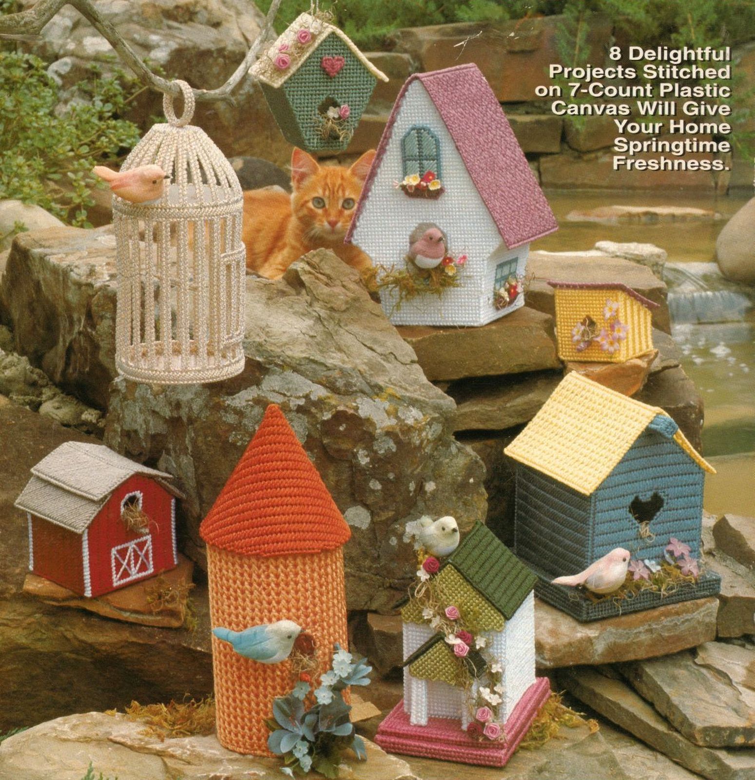 Plastic Canvas Birdhouses Victorian Chickadee Wren Red Barn Chateau Patterns - $12.99
