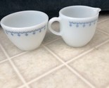 Vintage Pyrex by Corning Blue Snowflake Garland Milk Glass Creamer and S... - $19.39
