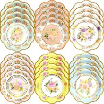 Floral Plates Small Tea Party Decoration 24 Count Gold Foil Edge Paper P... - $23.51