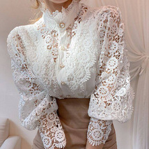 Vintage Cutout Blouse, Lace Half-neck Blouse, Women&#39;s Tops - £26.31 GBP