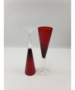 Crate &amp; Barrel Cranberry Red Fluted Champagne Glass Clear Bulbous Stem - £18.44 GBP