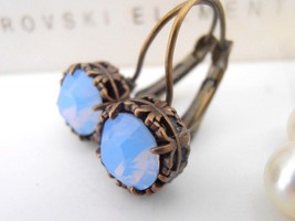 Air Blue Opal Crystal Dangle Earrings Antique Bronze Rhinestone Jewelry  - £28.55 GBP