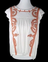 Free People Blouse Size L Orange/White Embroidered Dos Segundos  - $16.73
