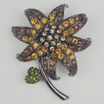 Signed Joan Rivers Citrine Rhinestone Lily Brooch Gun Metal Flower Pin Magnifice - £41.09 GBP