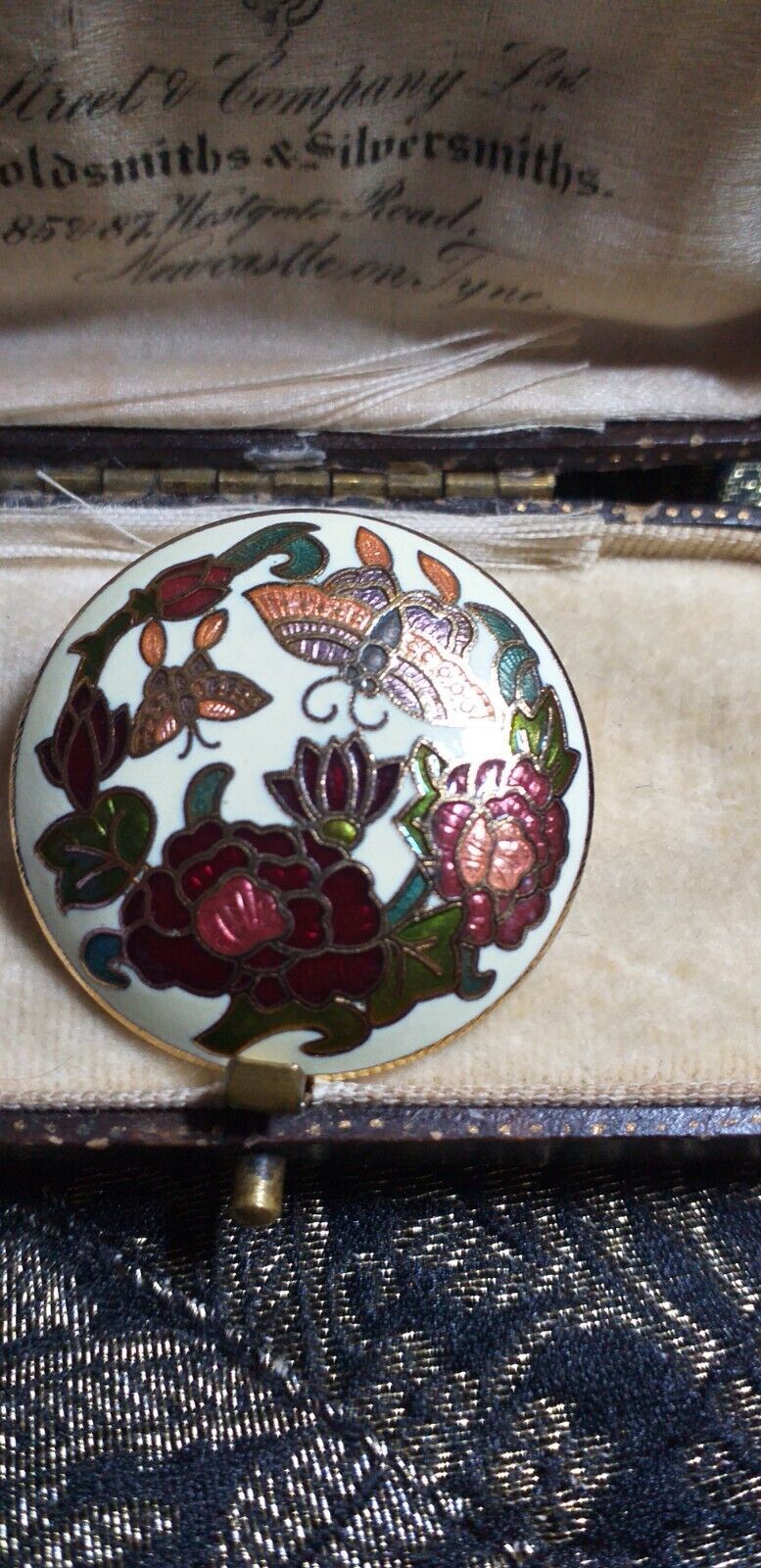 VINTAGE Handmade Goldtone Green/Pink Champleve Enamel Floral &amp; Butterfly... - $24.75