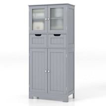 4 Door Freee-Standing Bathroom Cabinet with 2 Drawers and Glass Doors-Gray - Co - £156.48 GBP