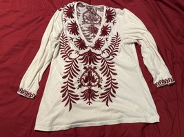 Johnny Was Los Angeles L Embroidered Boho Tunic Top Cream Red Floral - $89.95