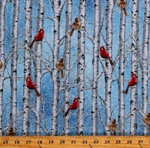 Cotton Birch Trees Cardinals Birds Snow Blue Fabric Print by Yard D502.83 - £12.13 GBP