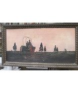 Vtg. Western Buckboard &amp; riders oil on Board Framed 28.5 x 52.25 - $161.30