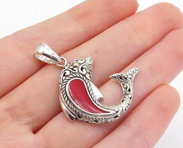 925 Sterling Silver &amp; 18K GOLD - Red Coral Shiny Dolphin Motif Pendant - PT5839 - £34.84 GBP