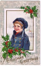 Christmas Postcard Boy? Girl? Blue Coat Cap Child Holly Berries - £2.36 GBP