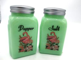 Jadeite Arch Salt Pepper Set Pink Flamingos Mid Century Retro Green Glass - £15.46 GBP