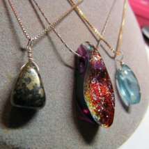 3 PC Lot Sterling Silver Fluorite Pyrite Stone And Fused Glass Pendant Necklaces - £28.48 GBP