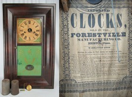 rare ogee clock Forestville Conn OG Shelf Mantel WALNUT reverse painted ... - $232.45