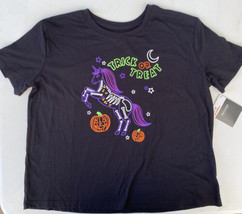 Girls Black &amp; Neon Unicorn Trick or Treat Halloween T-Shirt Tee Shirt - £5.67 GBP